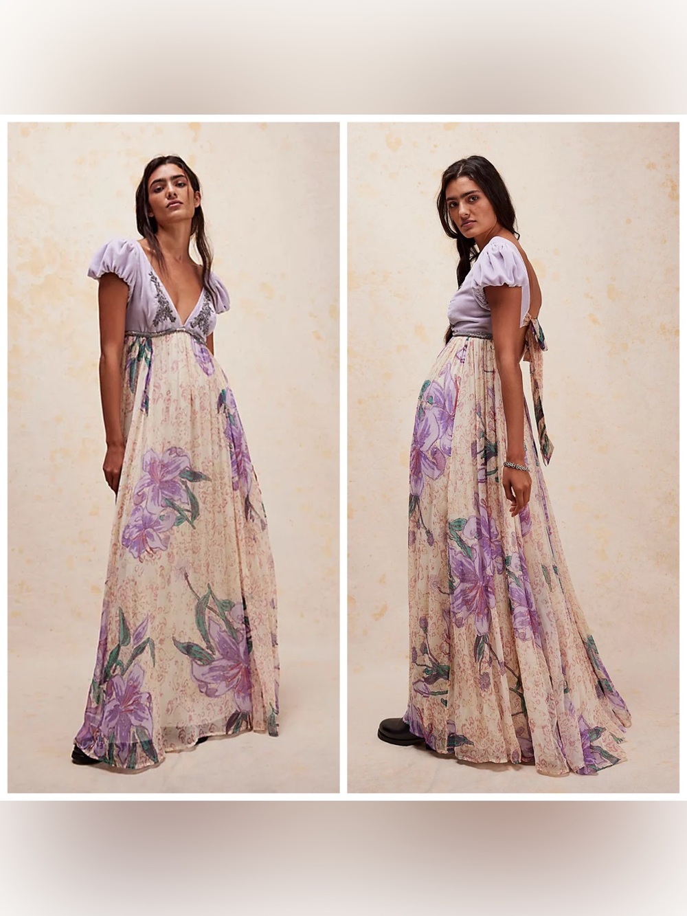 Free People Colette Maxi Dress Floral Purple Velvet Embellished Size 4